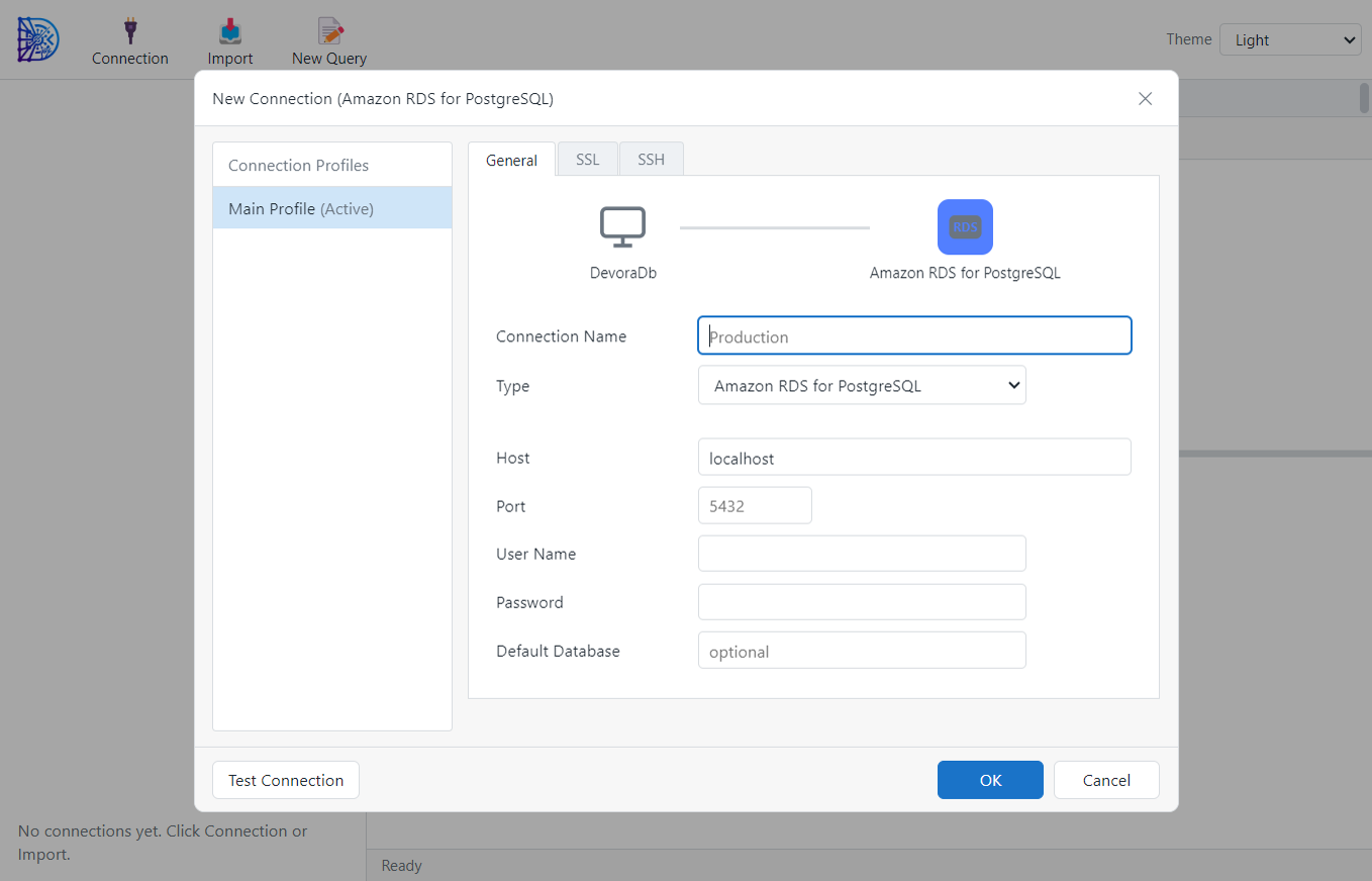 The New Connection dialog for Amazon RDS for PostgreSQL with General, SSL and SSH tabs.