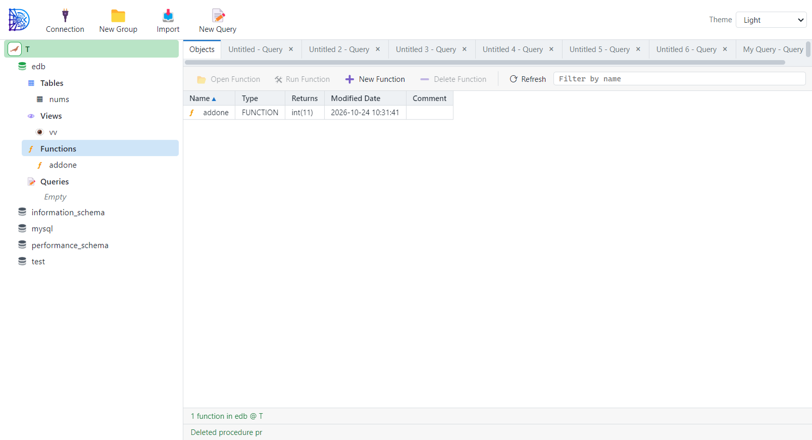 DevoraDb window. The sidebar lists a database with Tables, Views, Functions and Queries groups, and the Objects tab lists the functions.