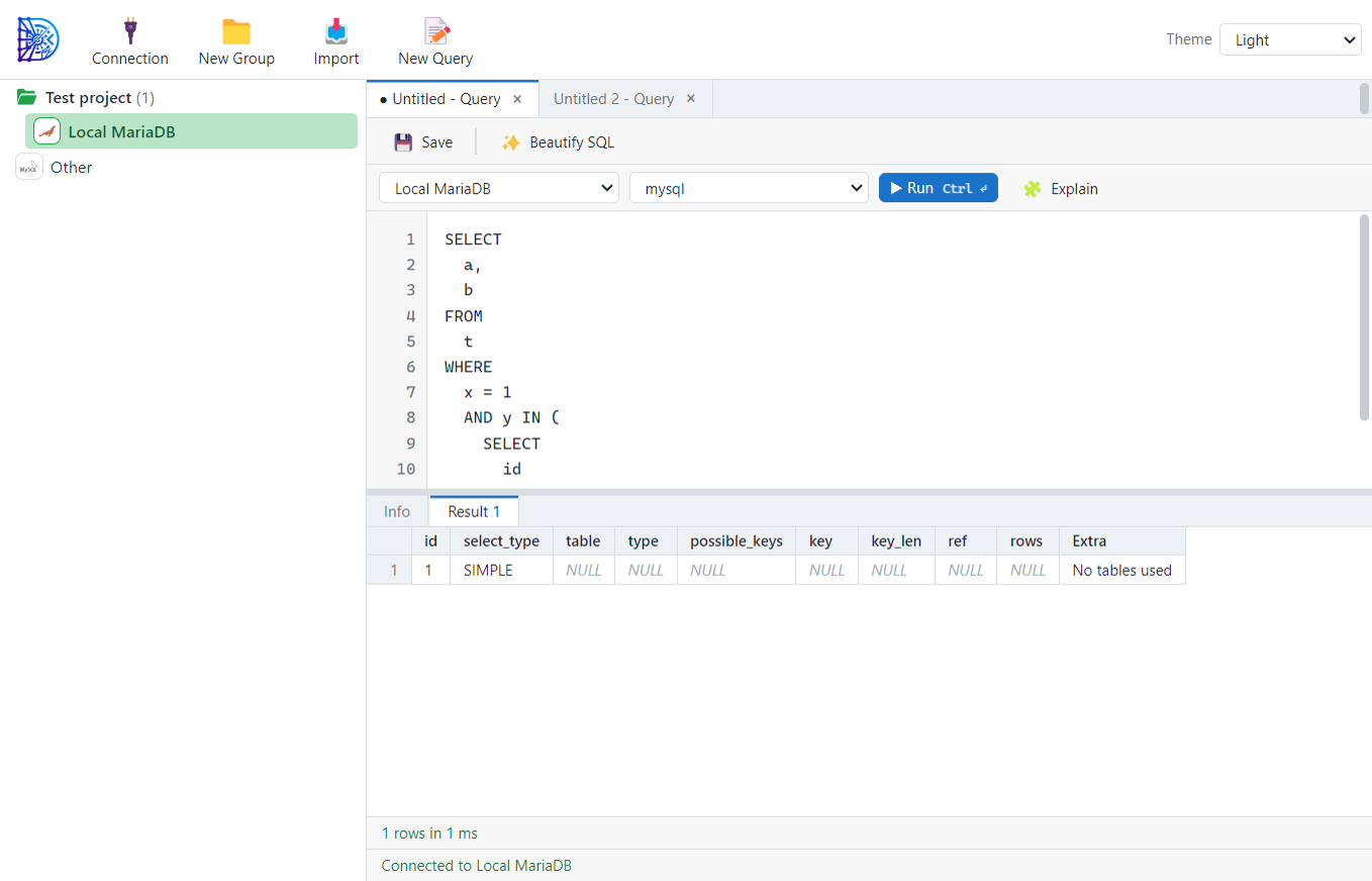 A query tab with formatted SQL on top and the Explain result in a grid below.