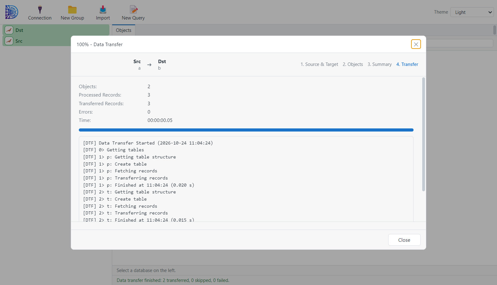 The Data Transfer wizard after a finished run, showing the progress bar and a summary of transferred tables.